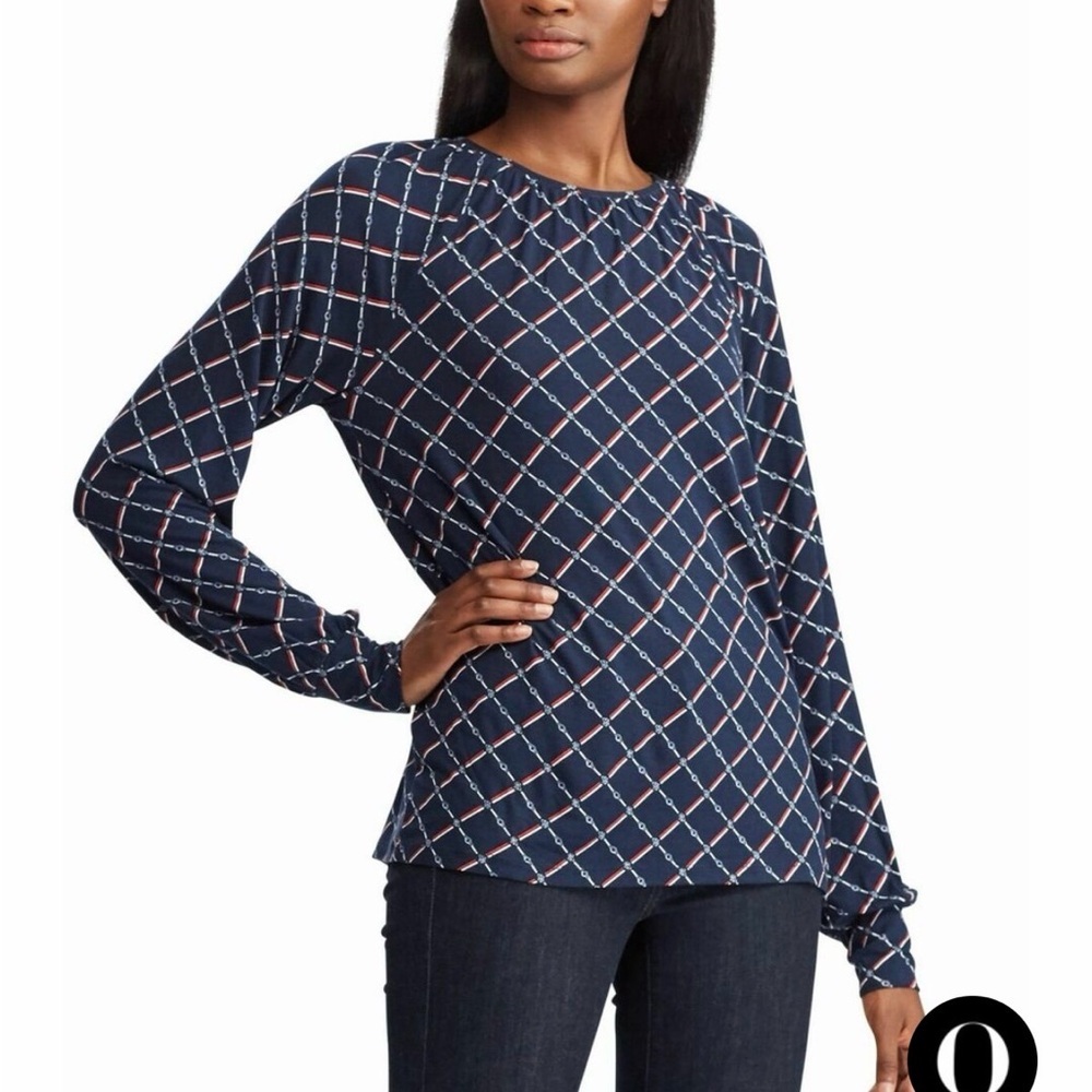 LAUREN RALPH LAUREN Jaralda Logo Chain Link Print‎ Long-Sleeve Blouse, Large